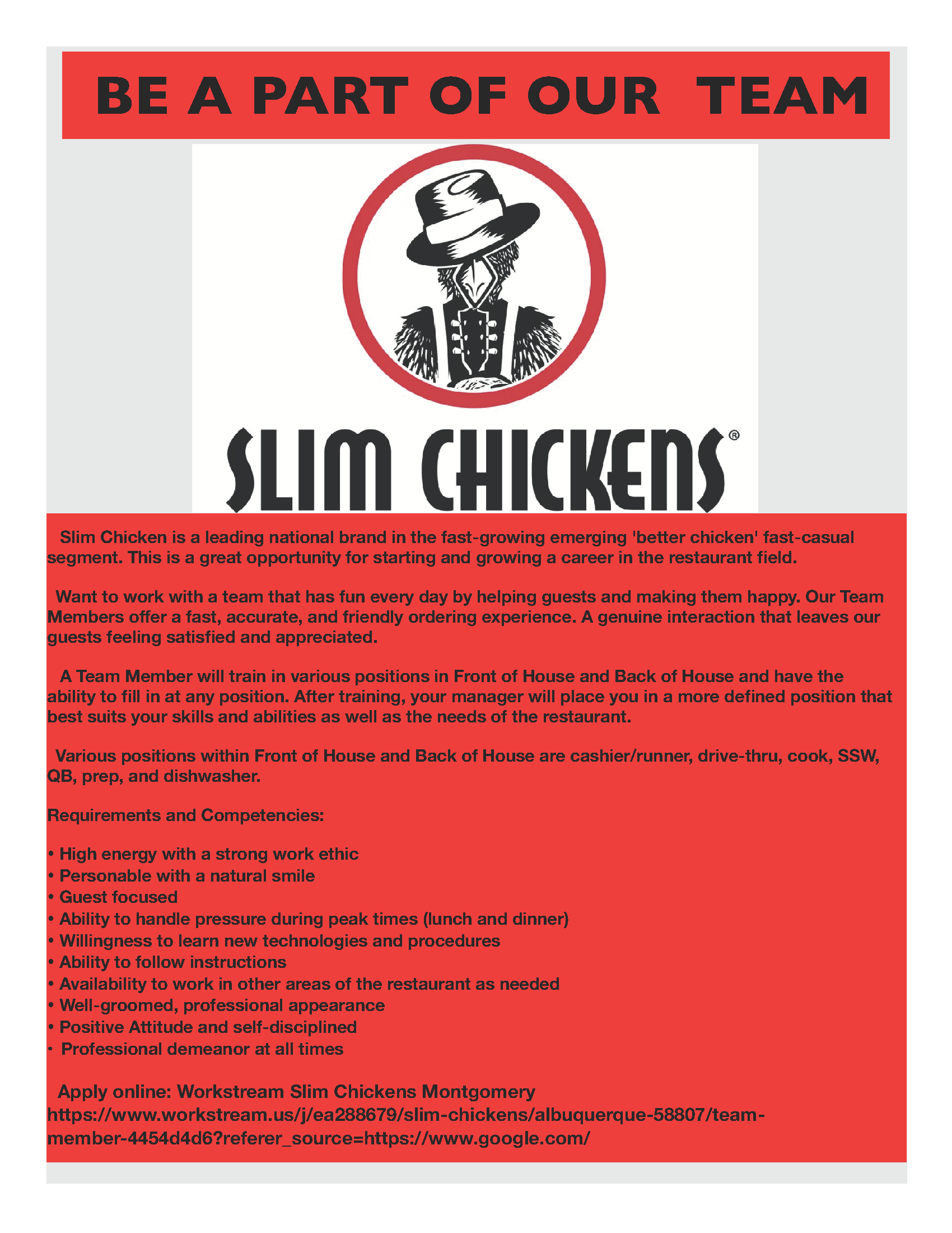 Slim Chickens Hiring flyer