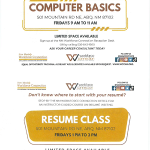 Computer Basics and Resume Class flyer