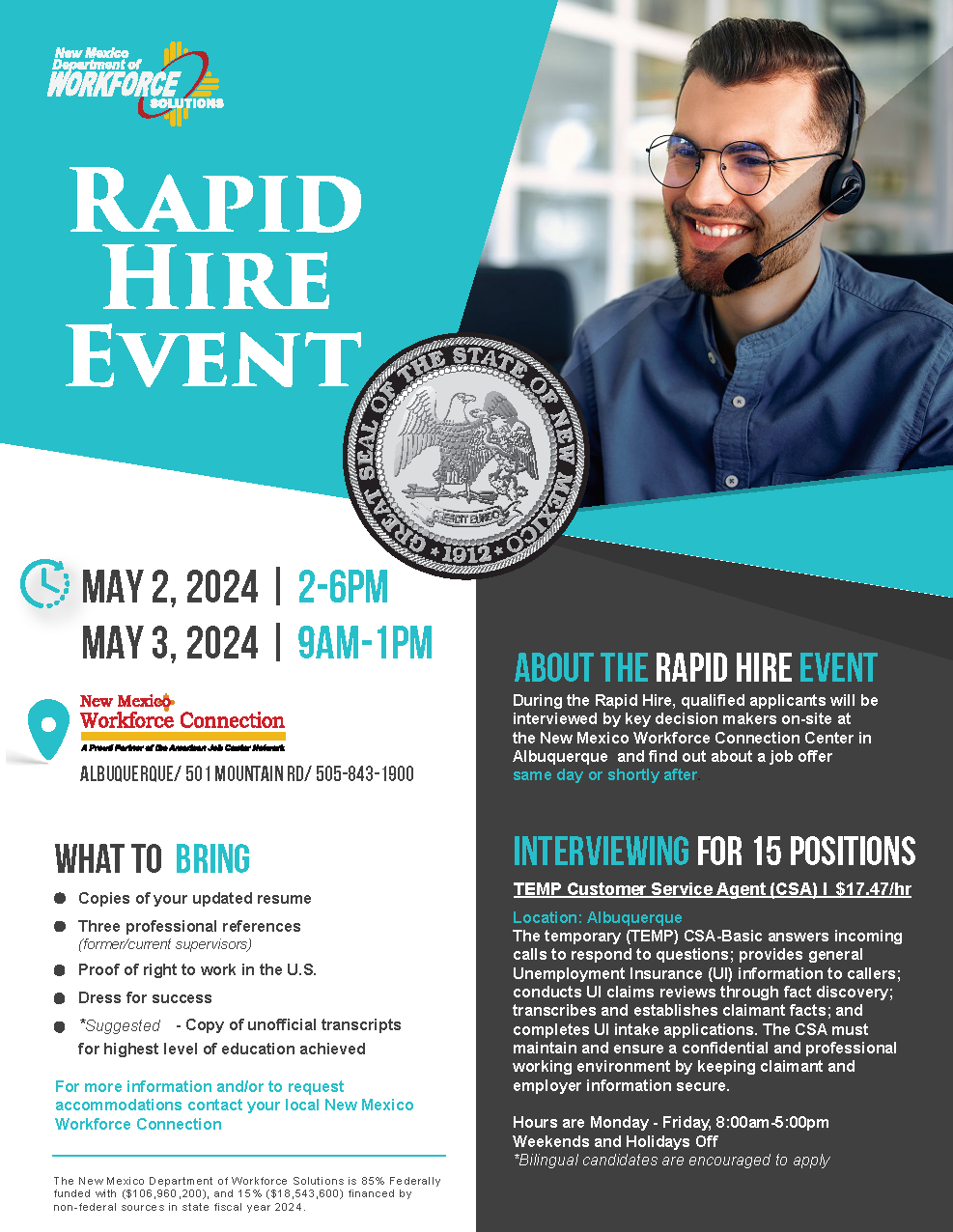 New Mexico Department of Workforce Solutions Rapid Hire Event Flyer