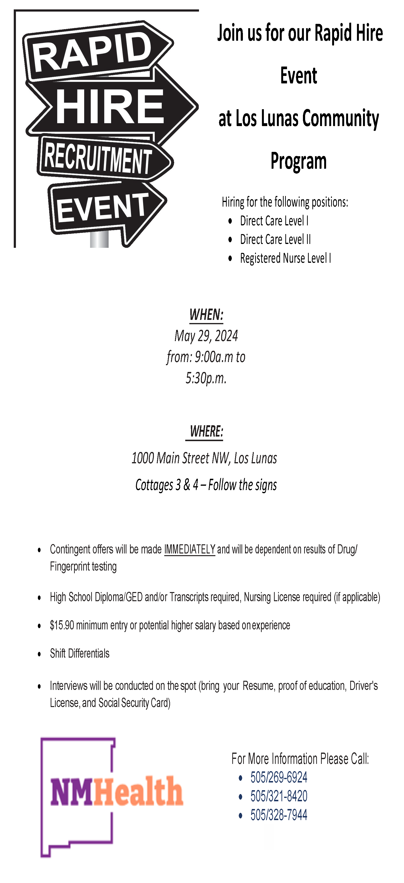 Rapid Hire Event at Los Lunas Community Program Flyer