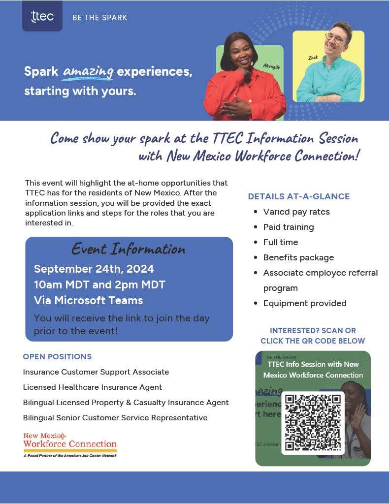 TTEC Hiring Event on September 24th, 2024 at 10am and 2pm on Microsoft Teams