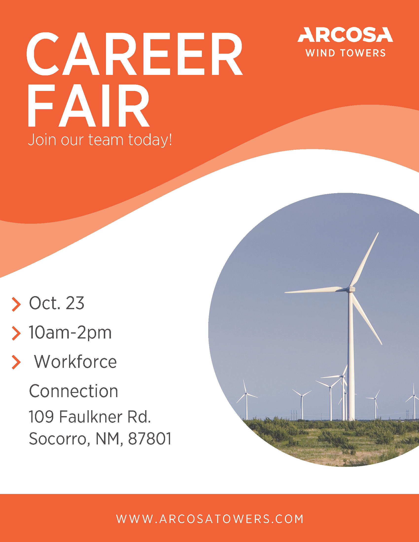 ARCOSA Wind Towers Career Fair on October 23 from 10AM to 2PM - Flyer