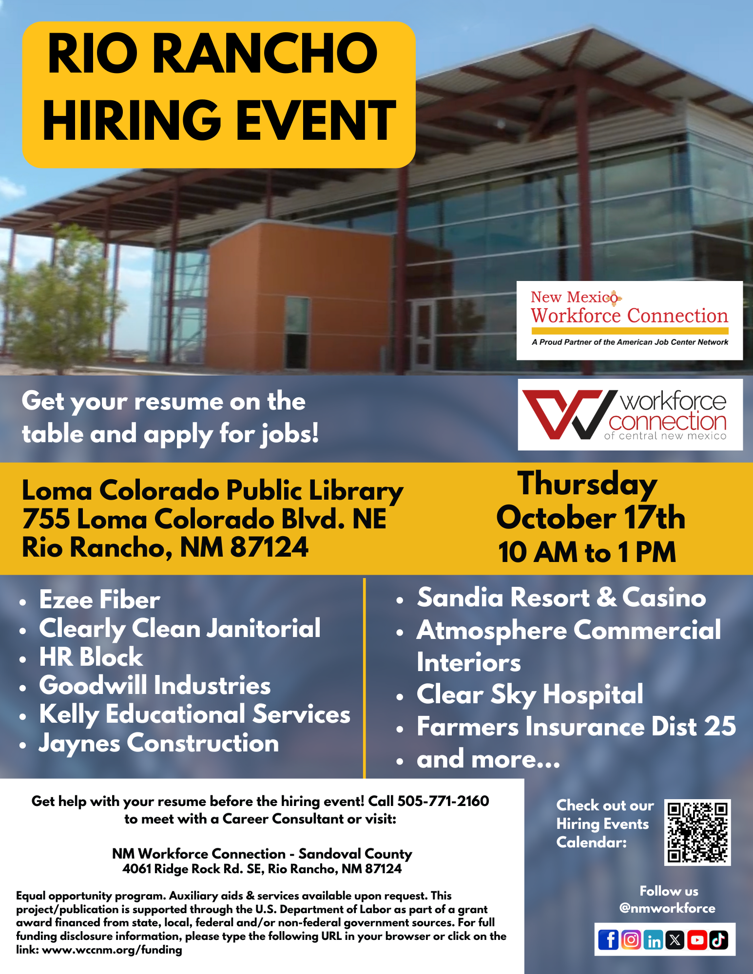 Rio Rancho Hiring Event | Loma Colorado Public Library | Thursday, October 17th at 10am to 1 pm
