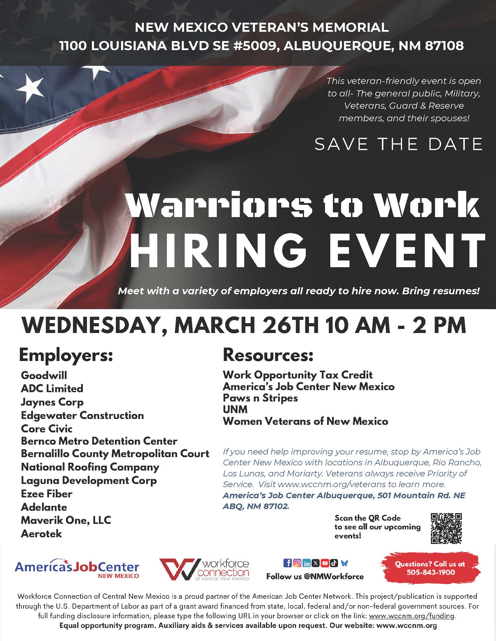Warriors to Work Hiring Event on Wednesday, March 26th from 10am to 2pm - Flyer
