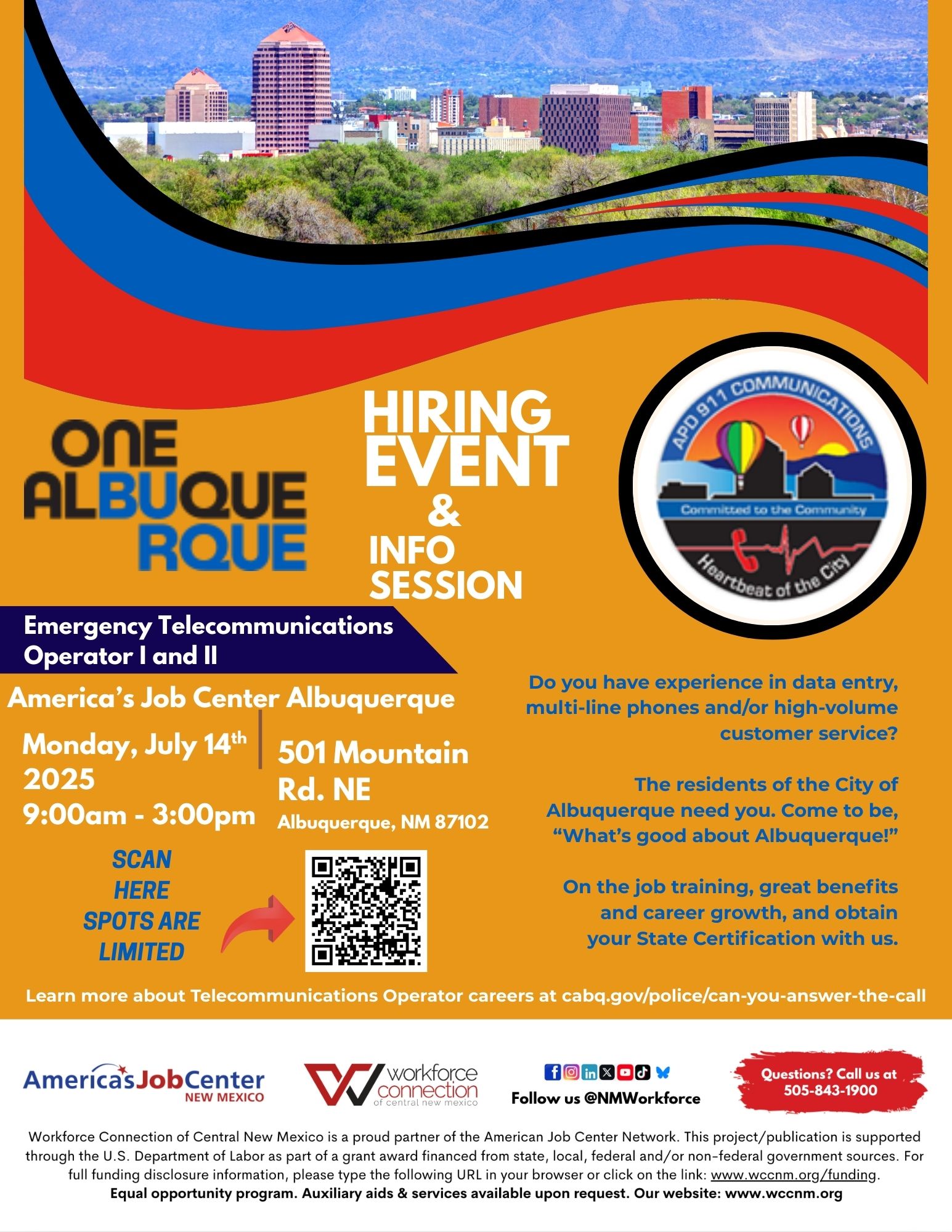 One Albuquerque Hiring Event and Info Session on Monday, July 14th, 2025 from 9am to 3pm at 501 Mountain Rd NE, Albuquerque, NM 87102
