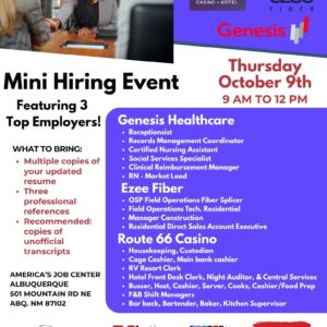 Mini Hiring Event on Thursday October 9th from 9am to 12pm
