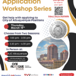 A QR code and a link. The seal of the City of Albuquerque. A circle with an image of brown buildings and a cloudy background. Decorative business logos.