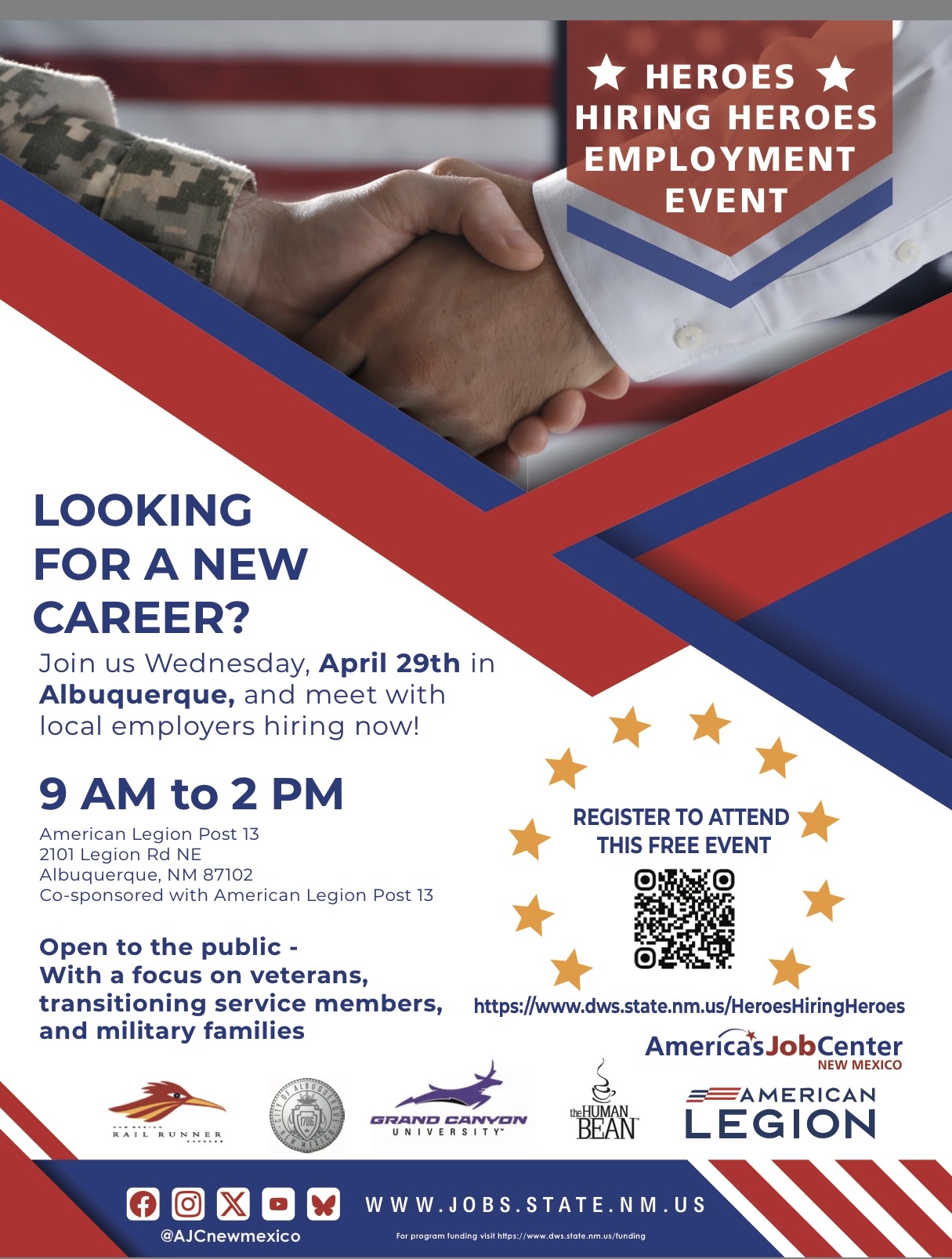 Two military veterans are shaking hands against the backdrop of the American Flag. There are logos for America's Job Centers
