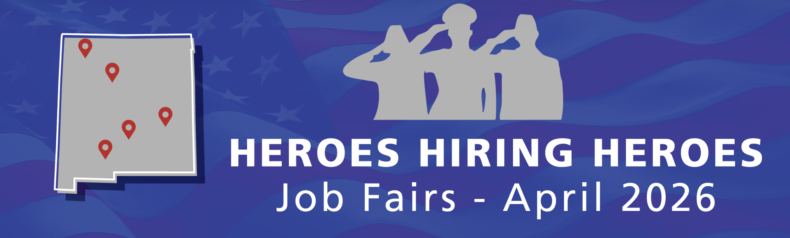 An image of the state of New Mexico with office locations pointed out in red dots along with a gray outline of veterans holding a salute.