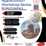 Flyer for City of Alburquerque Application Workshop Series April 23rd.
