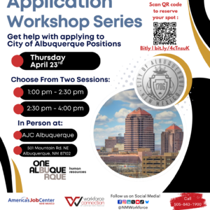 Flyer for City of Alburquerque Application Workshop Series April 23rd.