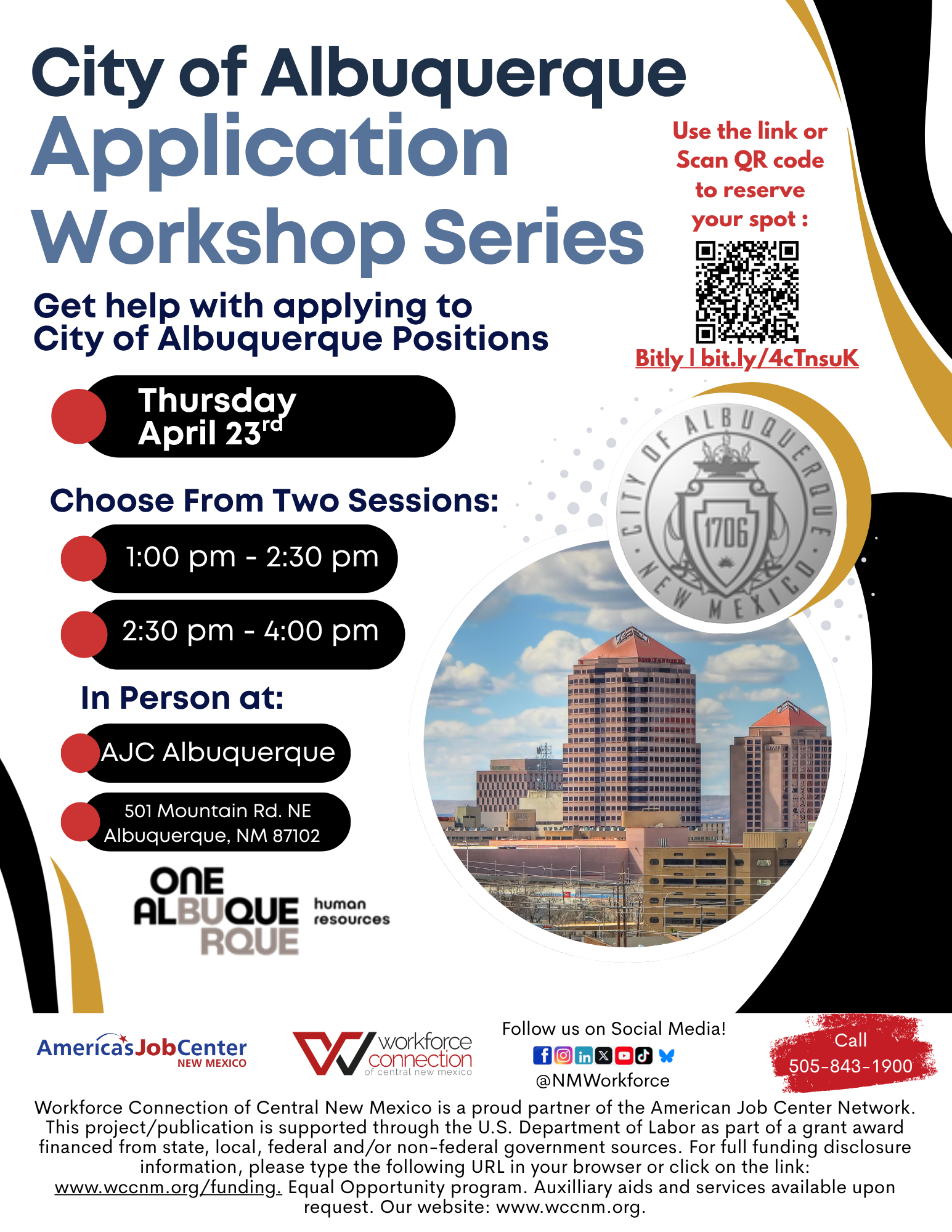 Flyer for City of Alburquerque Application Workshop Series April 23rd.
