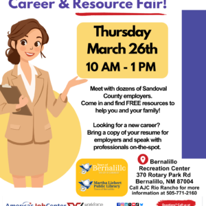 A caricature of a young business woman in a beige suite holding a clipboard, pointing to a sign advertising a hiring event. There are several decorative logos for the businesses that are sponsoring the event.