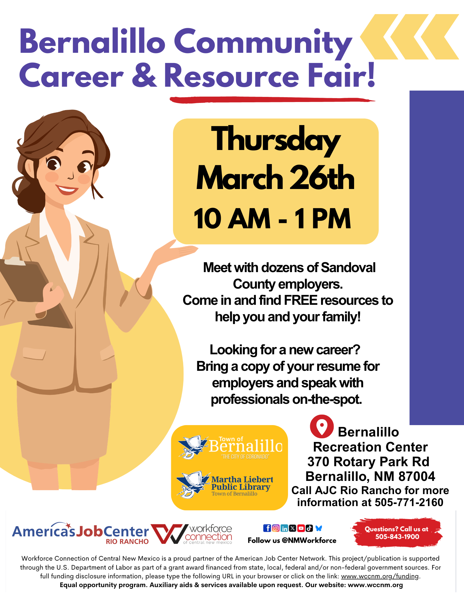 A caricature of a young business woman in a beige suite holding a clipboard, pointing to a sign advertising a hiring event. There are several decorative logos for the businesses that are sponsoring the event.