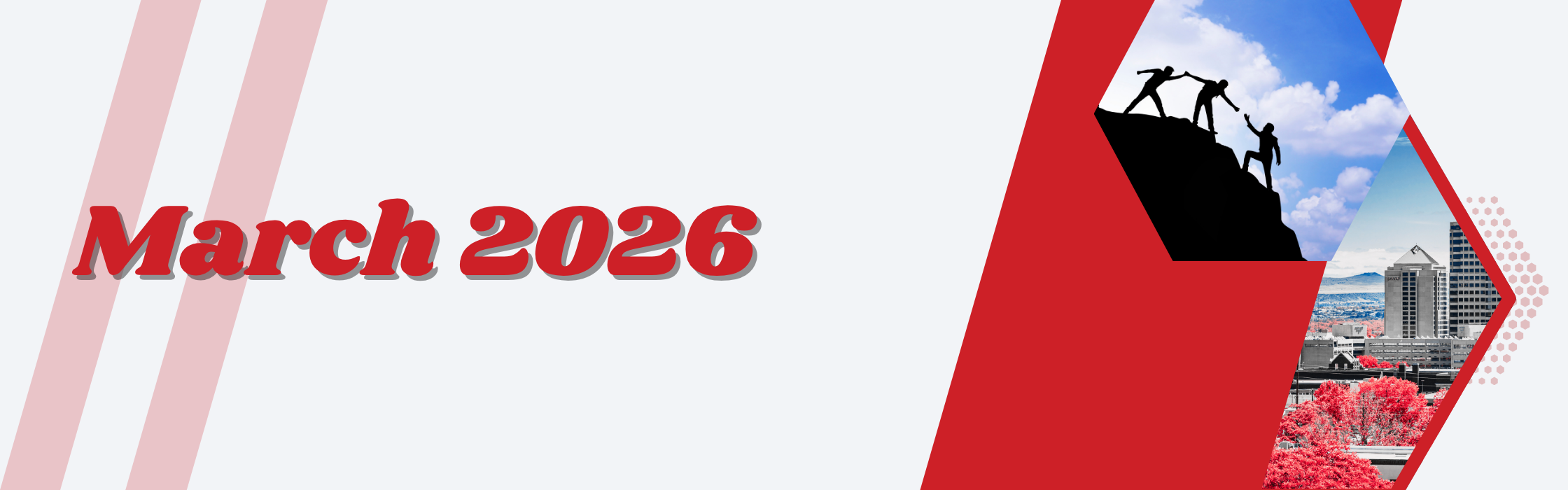 March 2026’ in red text with geometric shapes and images of people helping on a cliff and a city skyline.