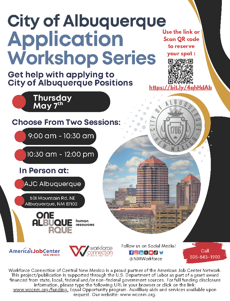 Flyer For City of Albuquerque Application Workshop Series on May 7th