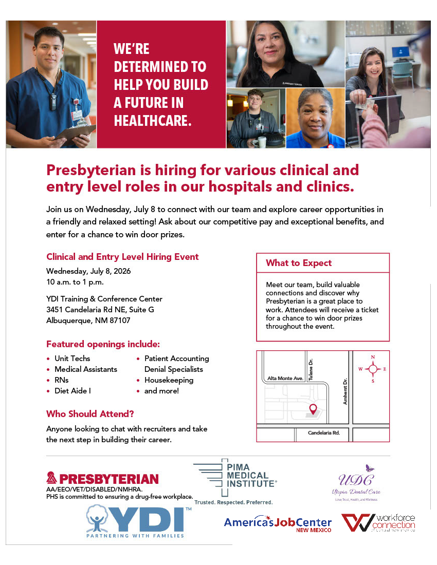 Flyer For Presbyterian Hiring Event on July 8th.