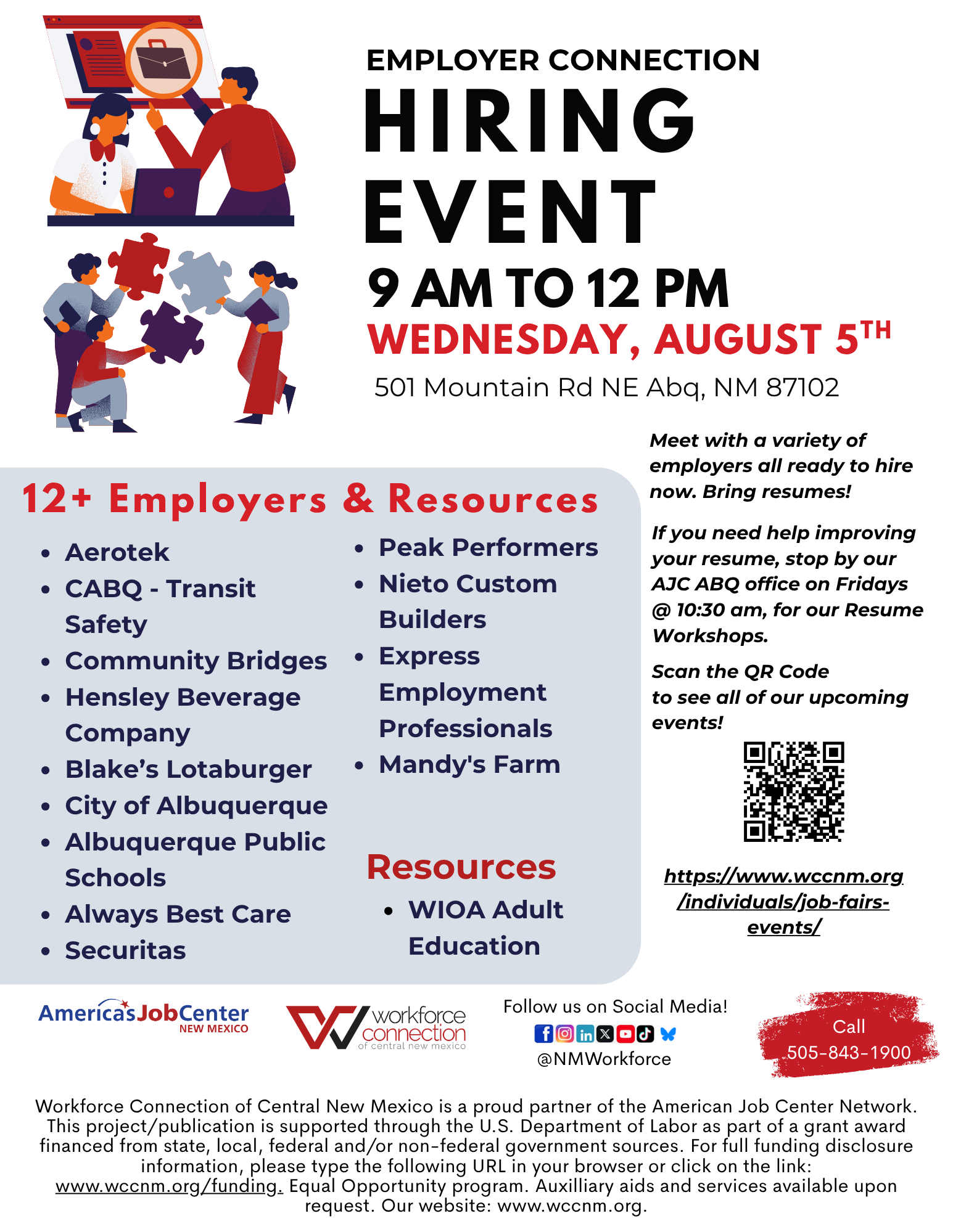 Flyer For Employer Connection Hiring Event on August 5th.