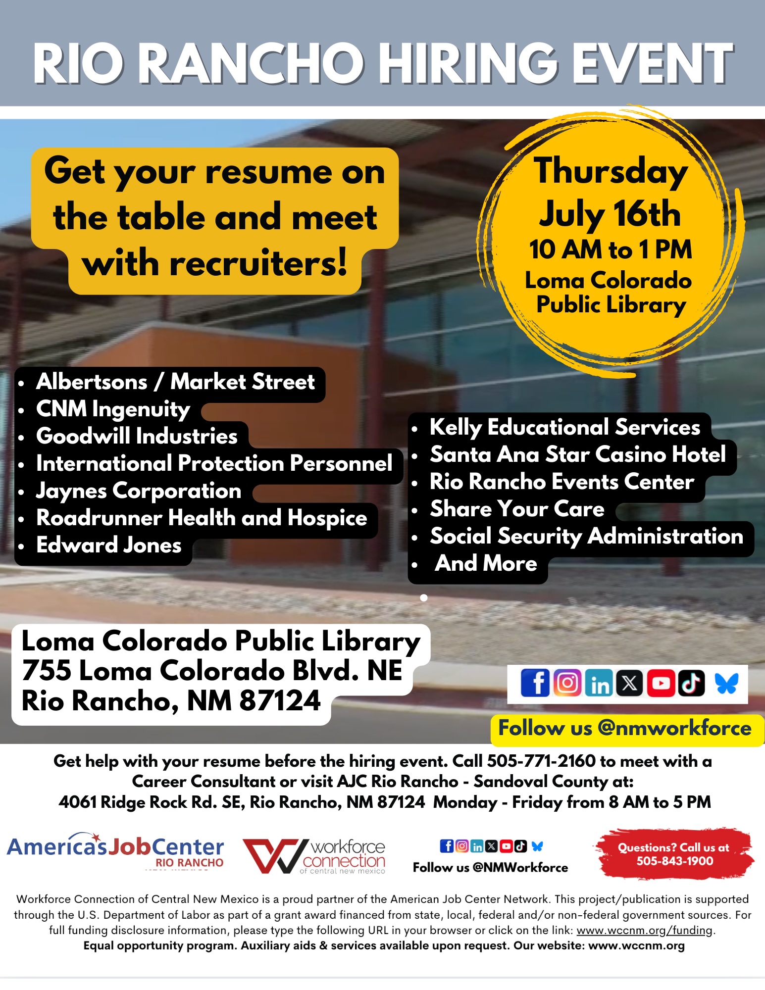 Flyer For Rio Rancho Hiring Event on July 16.