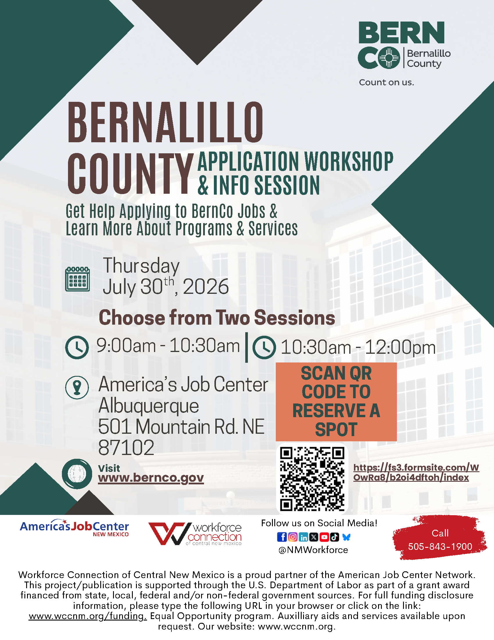 Flyer For Bernalillo County Application Workshop & Info Session on July 30th.