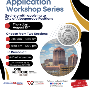 Flyer for City of Albuquerque Application Workshop Series on August 13th.