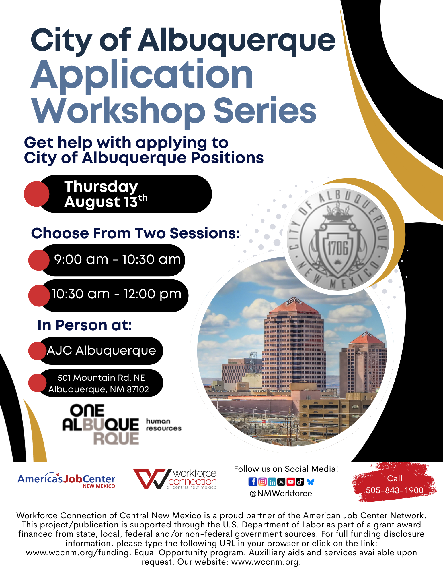 Flyer for City of Albuquerque Application Workshop Series on August 13th.