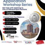 Flyer For City of Albuquerque Application Workshop Series on August 27th.
