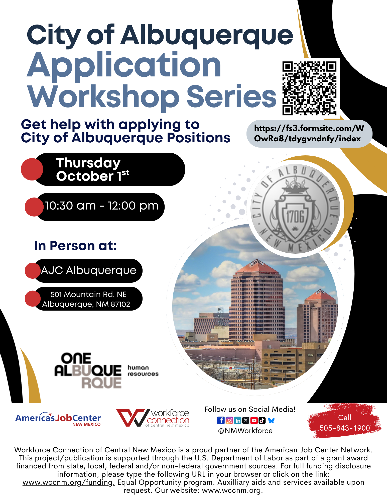 Flyer For City of Albuquerque Application Workshop Series on October 1st.