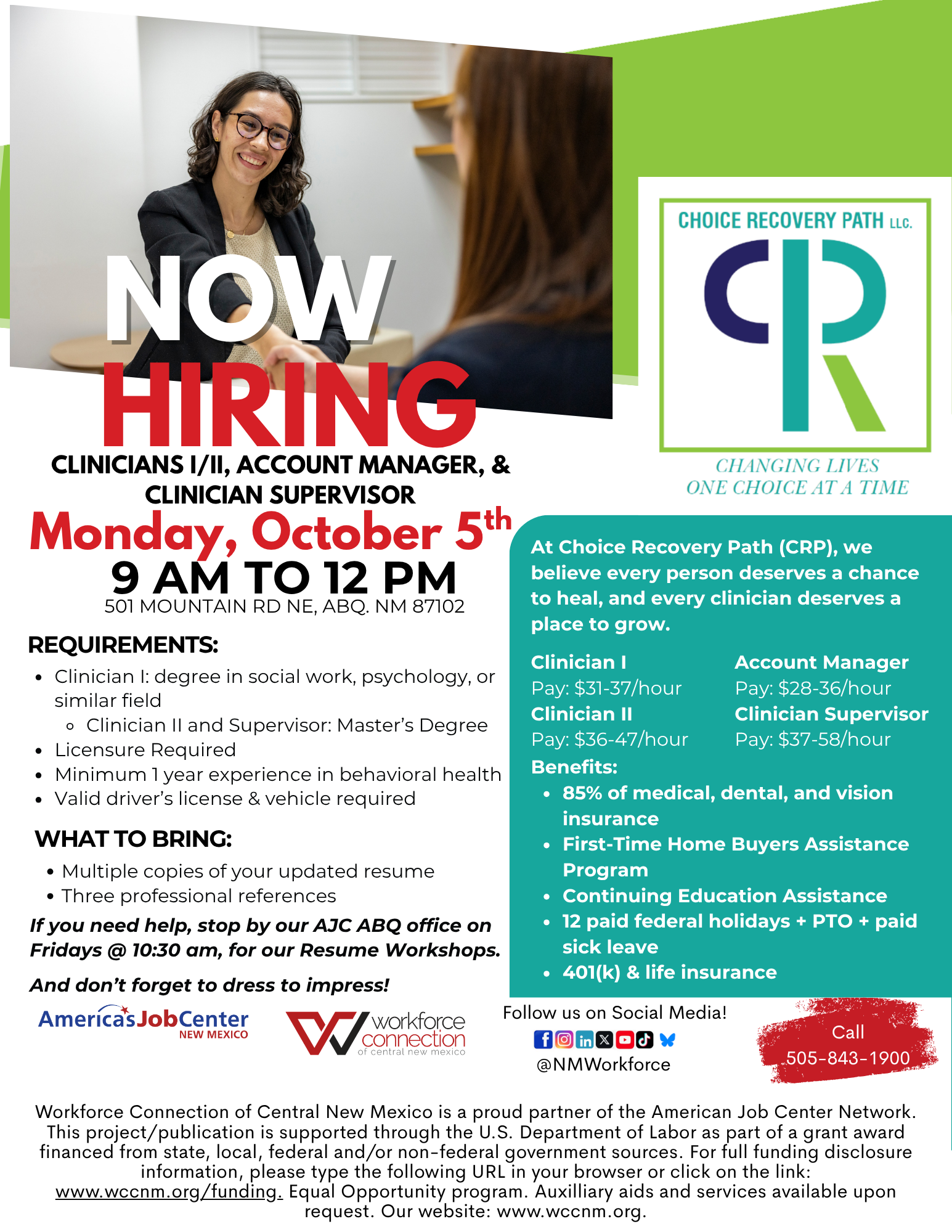 Flyer For Choice Recovery Path Hiring Event on October 5th.