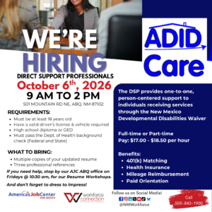 Flyer For ADID Care Hiring Event on October 6th.