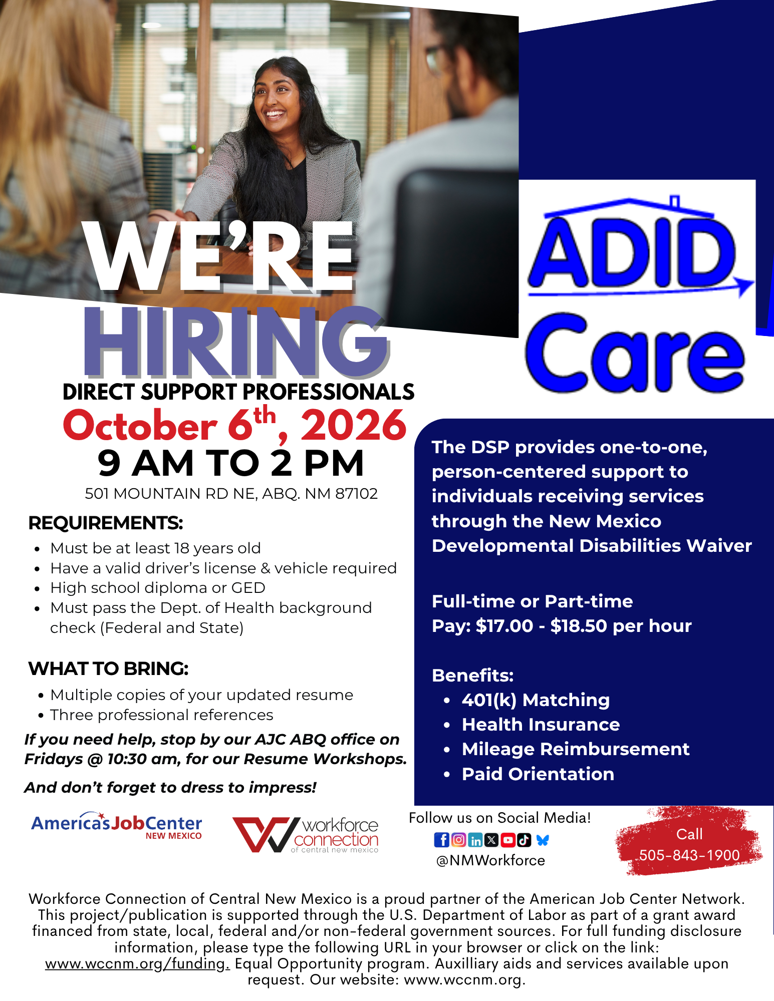 Flyer For ADID Care Hiring Event on October 6th.