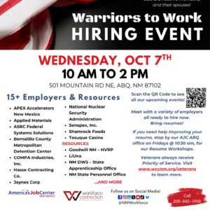Flyer For Warriors to Work Hiring Event on October 7th.