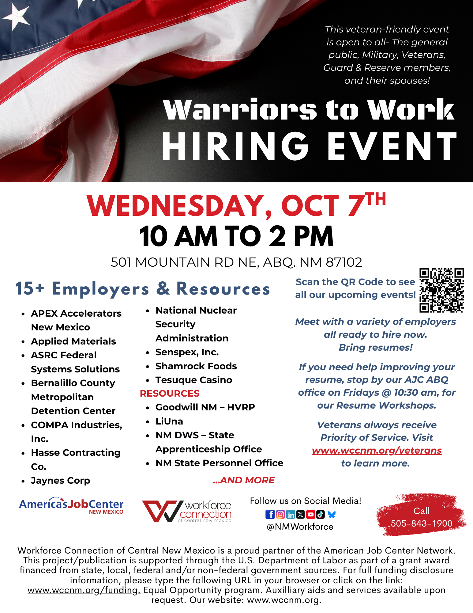 Flyer For Warriors to Work Hiring Event on October 7th.