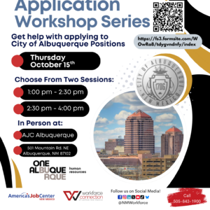 Flyer For City of Albuquerque Application Workshop Series on October 15th.