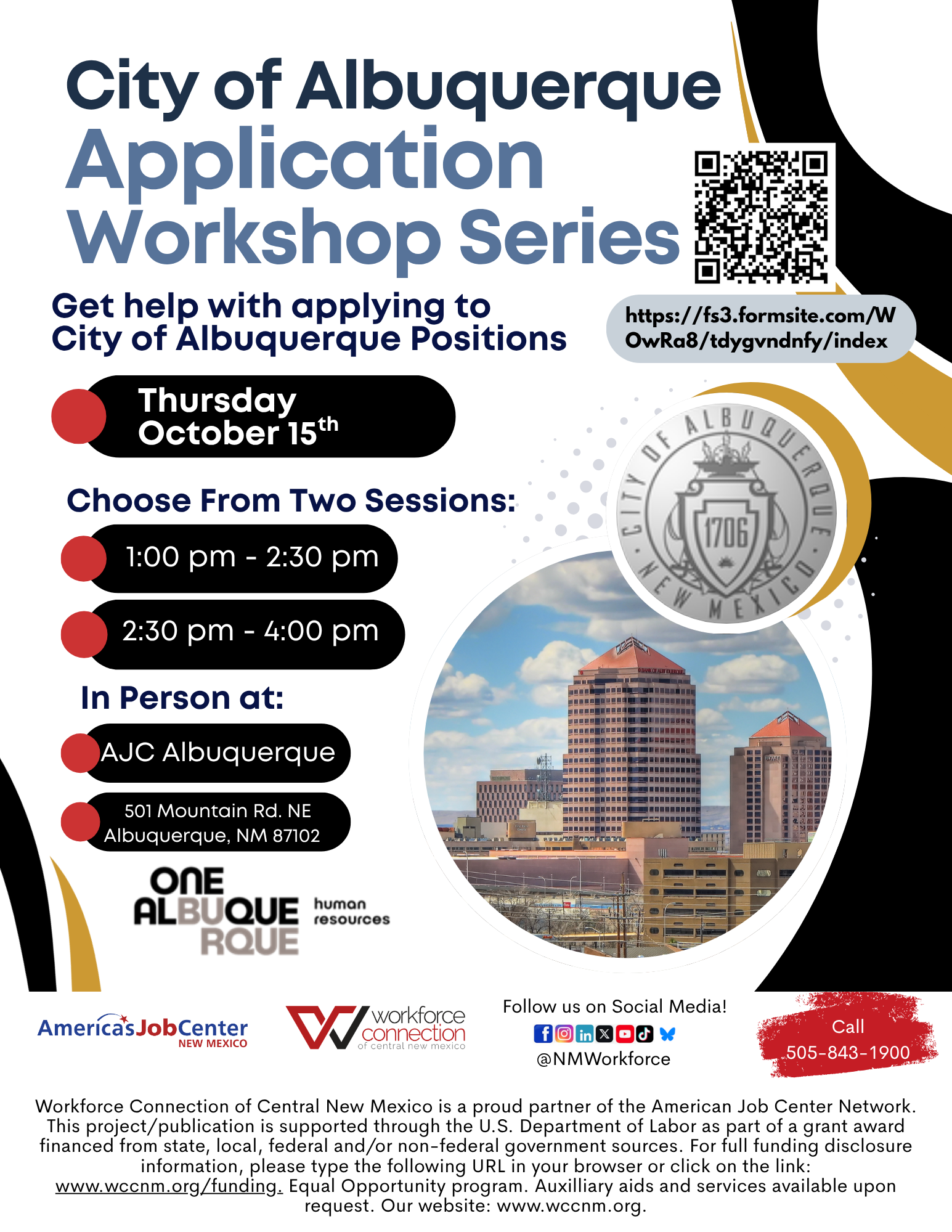 Flyer For City of Albuquerque Application Workshop Series on October 15th.