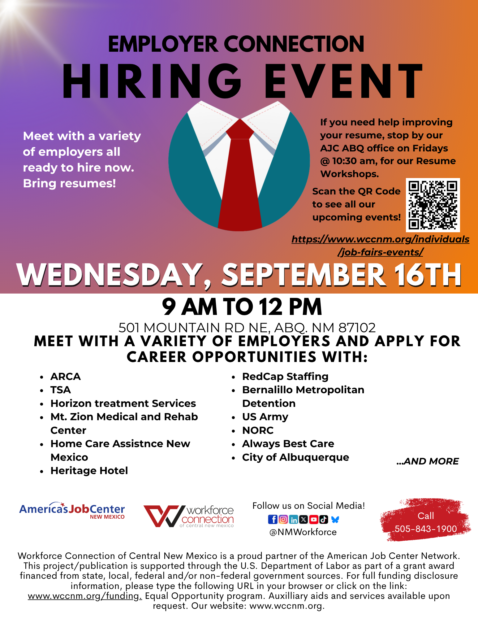 Flyer For Employer Connection Hiring Event on September 16th.